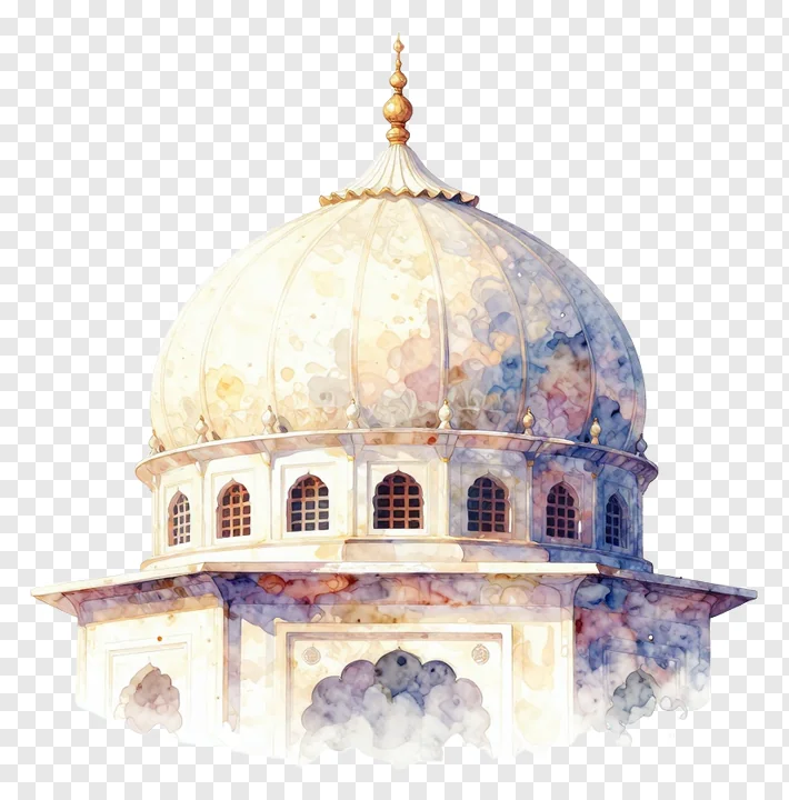 A watercolor painting of a gurudwara dome with arched windows and a golden finial.