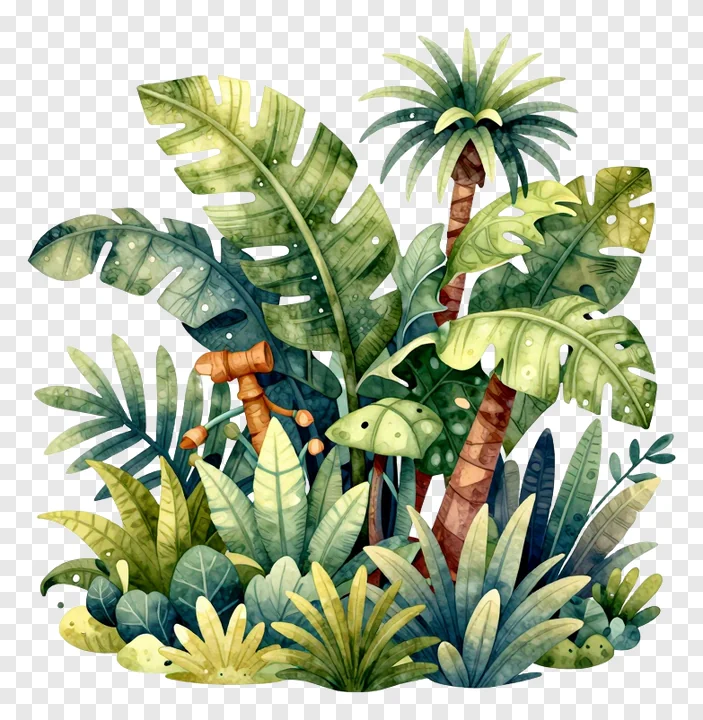 Watercolor illustration of tropical jungle plants.