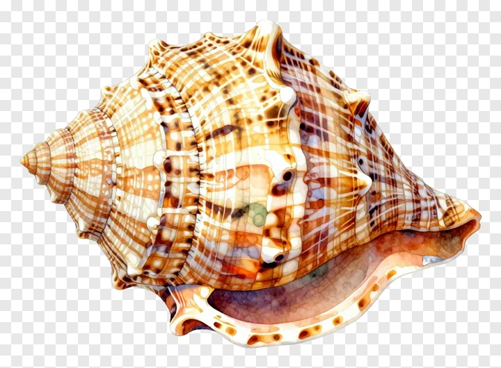 A watercolor painted shankh conch shell with brown and white patterns.