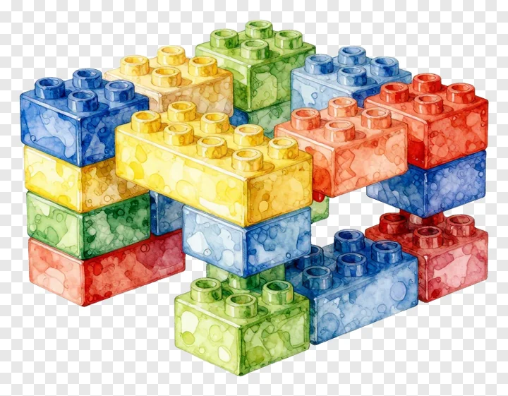 A cluster of colorful building blocks painted in watercolor style.