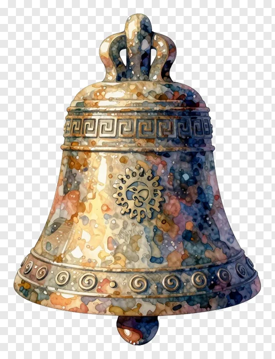 A watercolor-style temple bell with decorative patterns.