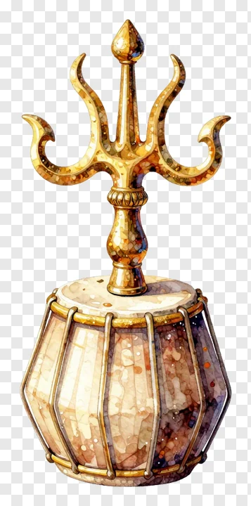 A watercolor-style damru drum with a trishul on top.