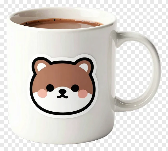 A white mug with a bear face design and hot chocolate inside.