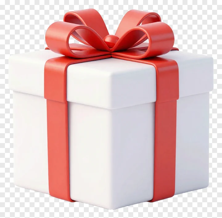 A white gift box tied with a red bow.
