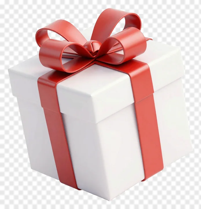A white gift box with a red ribbon bow.