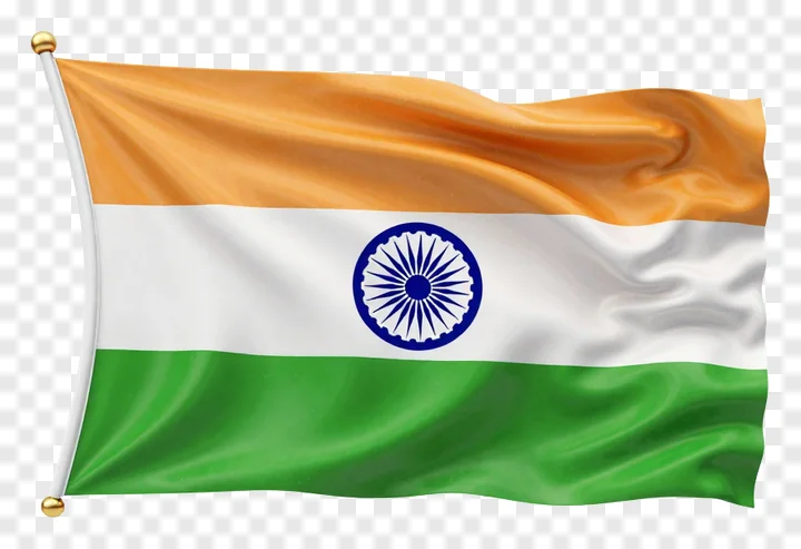 A glossy 3D rendering of the Indian flag waving.