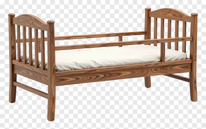 A wooden cradle with curved headboards and vertical slats.