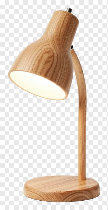 A wooden desk lamp emitting soft light.