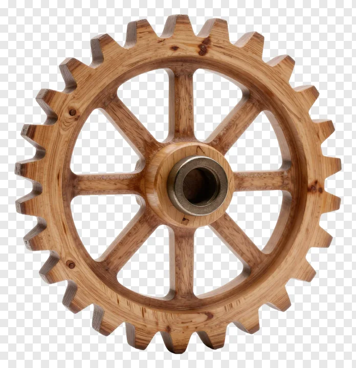 A wooden gear wheel with metal center.