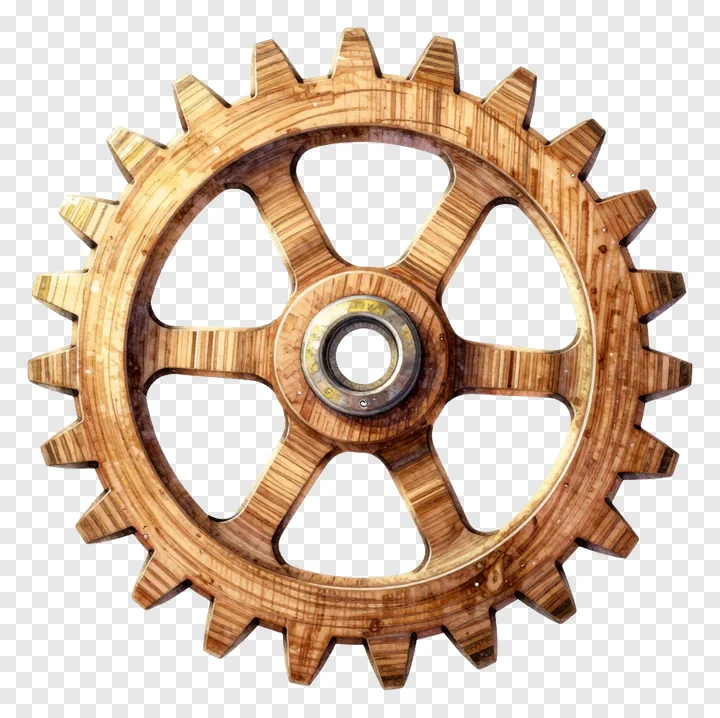 A wooden gear with brass teeth and a central hub.