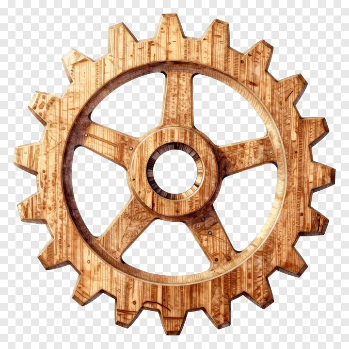 A wooden gear with carved teeth and visible wood grain.