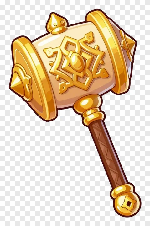 A golden ornate gada mace with a wooden handle.
