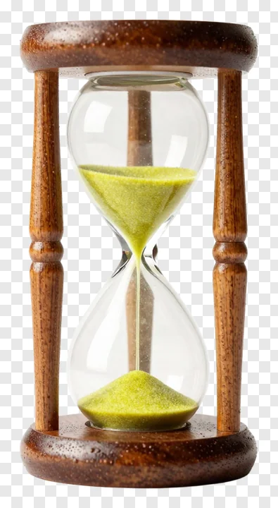 Wooden hourglass with green sand flowing.
