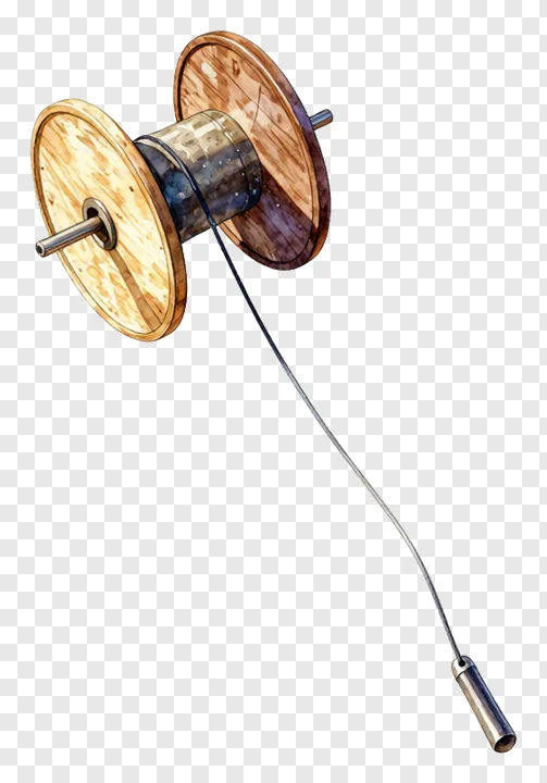 A wooden kite string spool with a metal axle and a thin line.