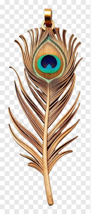 Wooden peacock feather charm with colorful eye detail.