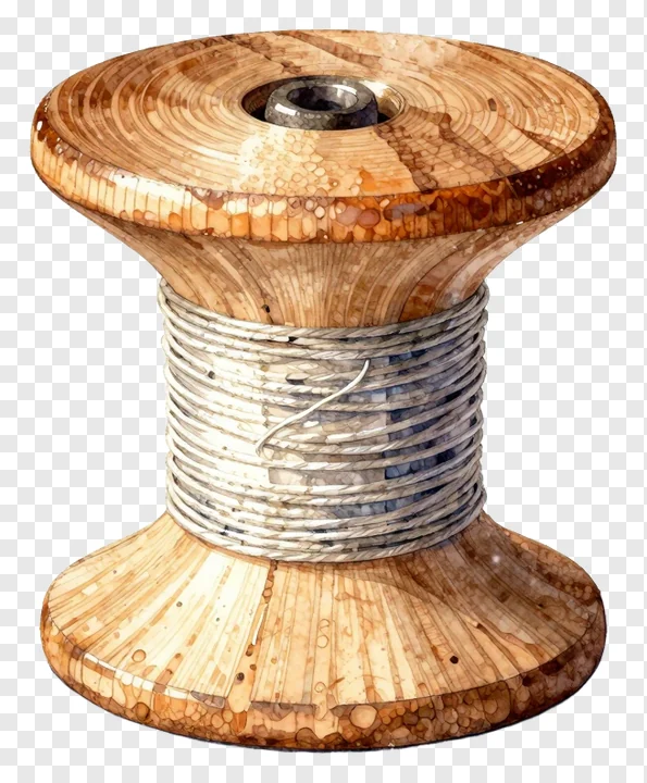 A wooden spool with white thread wrapped around it.