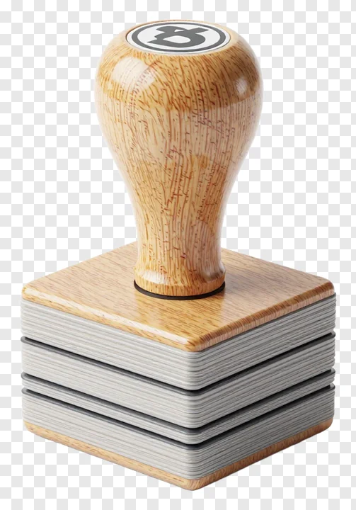 A wooden stamp with stacked rubber layers.