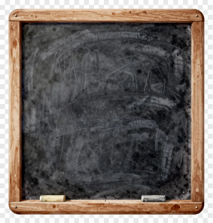 A weathered chalkboard with erasers on a wooden frame.