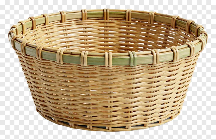 A woven bamboo basket with green trim on a white background.