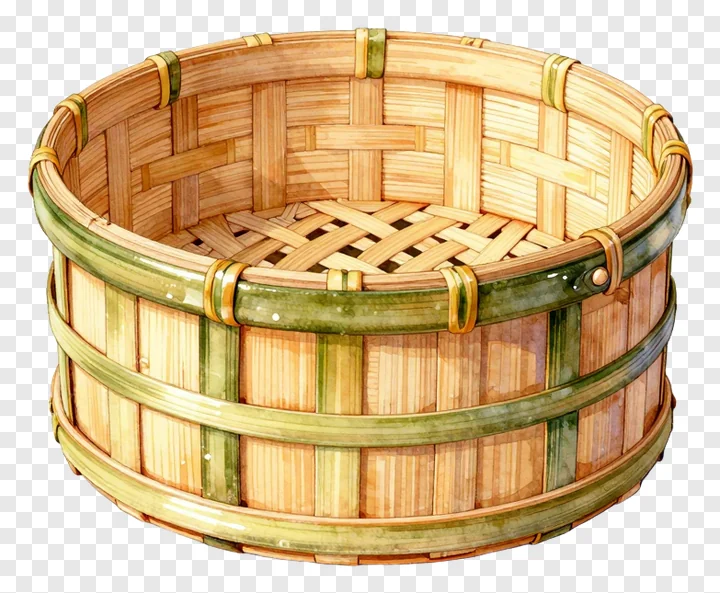 A woven bamboo daura basket with green bands.