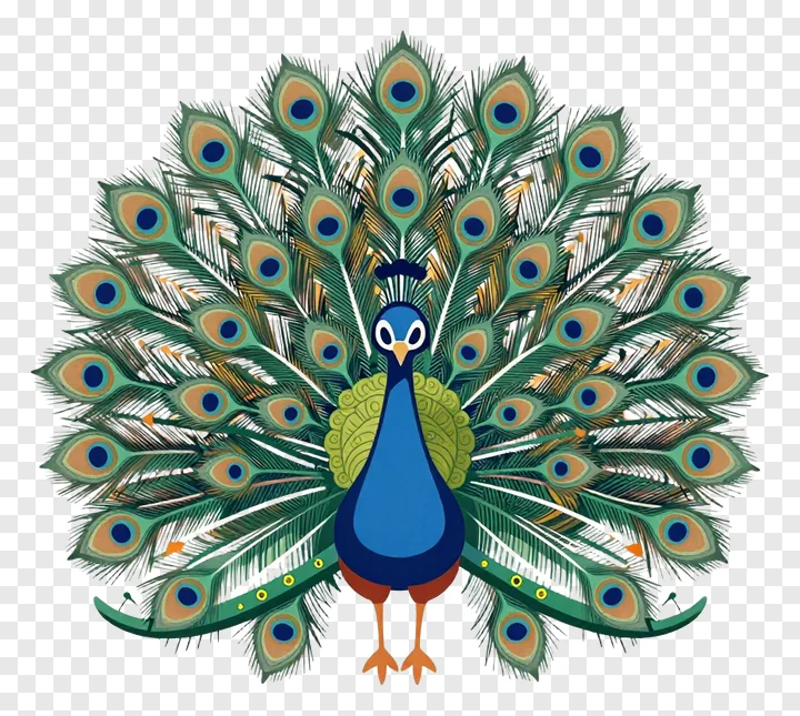 A blue peacock with green and gold eye feathers fanned out.
