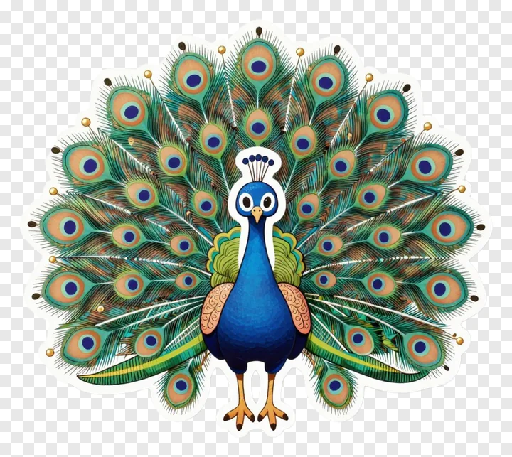 A blue peacock with fanned tail and ornate eye feathers.