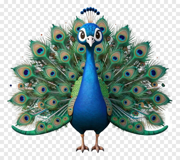 A blue peacock showing off its fanned-out tail feathers.