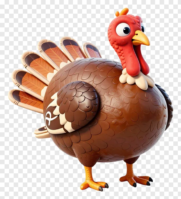 A cartoon turkey toy with a glossy brown body.