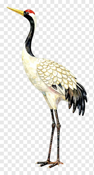 A ceramic crane with a gold beak standing upright.