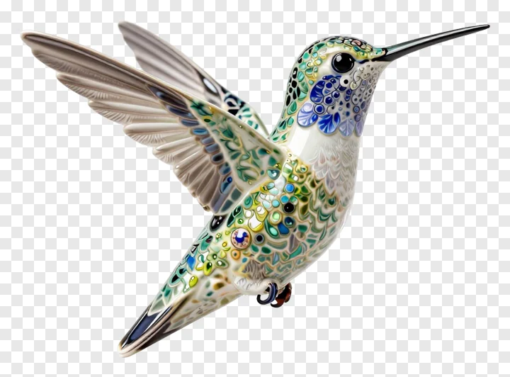 A ceramic hummingbird with a glass beak in flight.