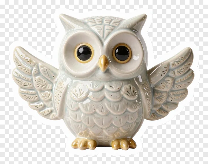 Ceramic owl with textured wings and large eyes.