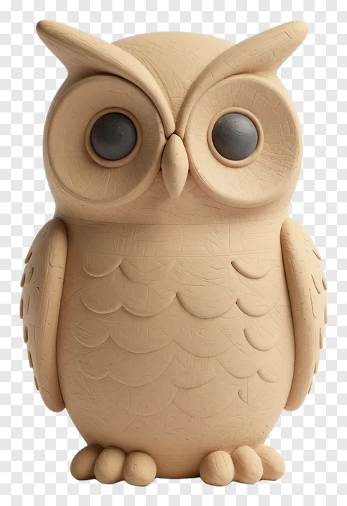 A beige clay owl figurine with detailed feather texture and large eyes.