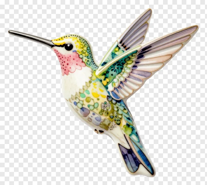 A colorful ceramic hummingbird charm with detailed wing patterns.