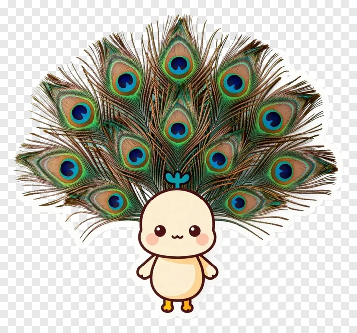 A cute cartoon peacock with fanned-out colorful feathers.