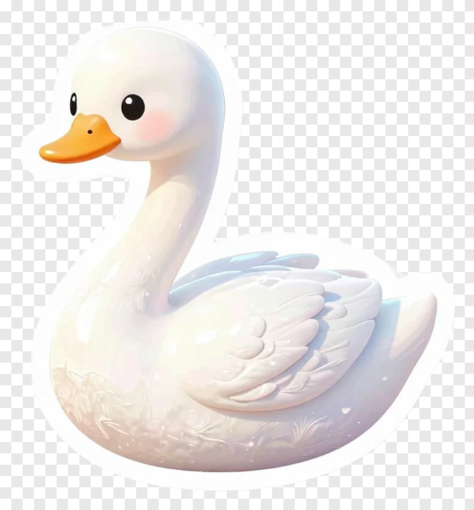 A cute white swan with sparkling feathers and an orange beak.