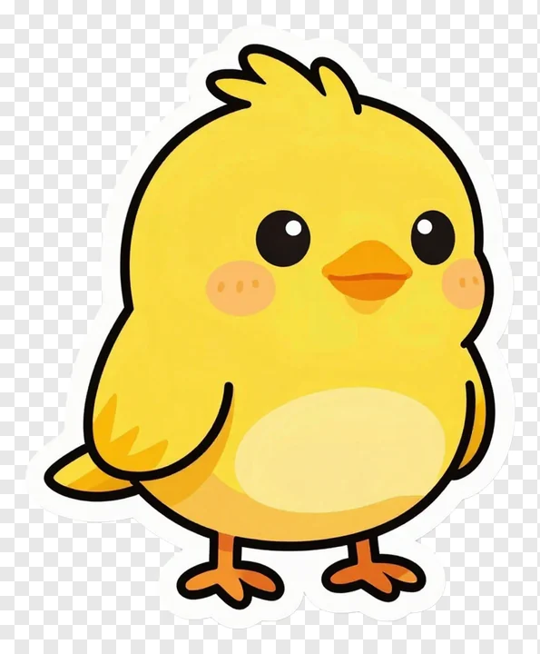 A cute yellow chick with big eyes and orange feet.