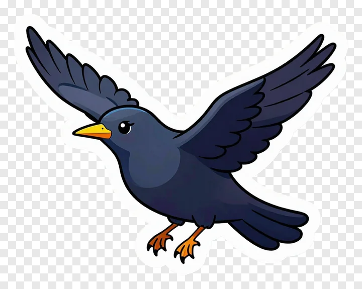 A cartoon starling flying with wings spread.