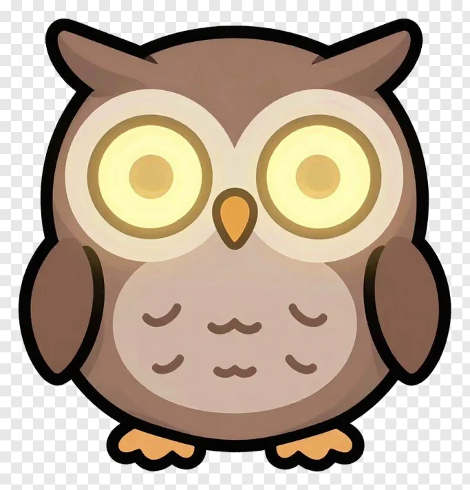 Cartoon owl with glowing eyes.