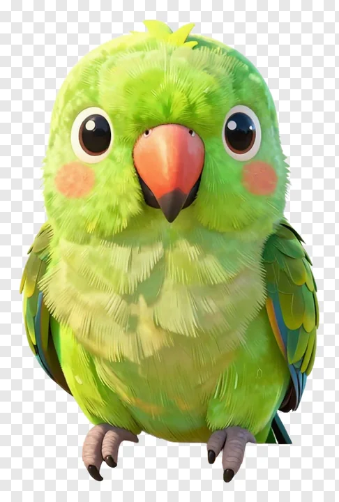 A green parrot perched and looking forward.