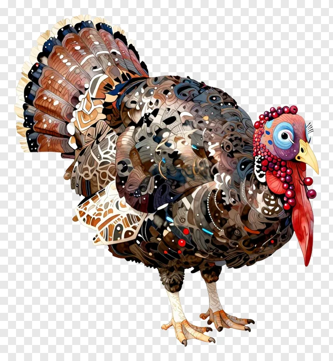 An ornately patterned turkey decorated with red berries around its neck.