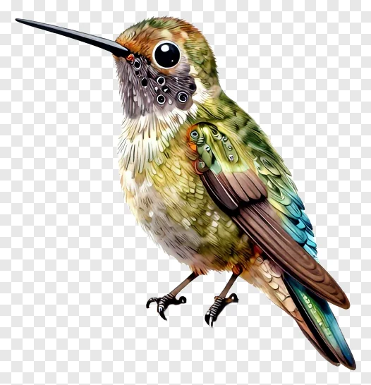 A robotic hummingbird with mechanical features perched on a branch.