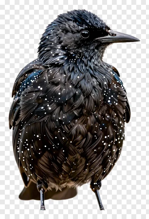 A starling bird with sparkling white dots on its feathers.