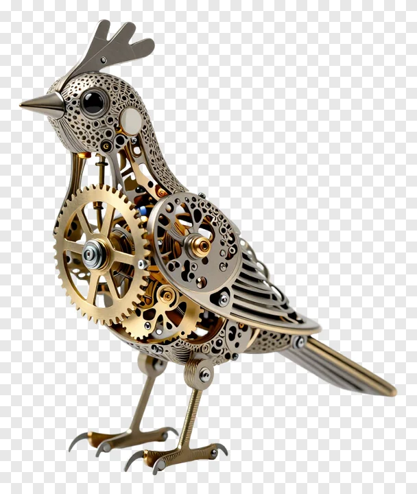 A steampunk bird made of brass gears and metal.