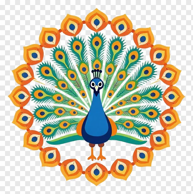 A stylized cartoon peacock with a circular tail design.