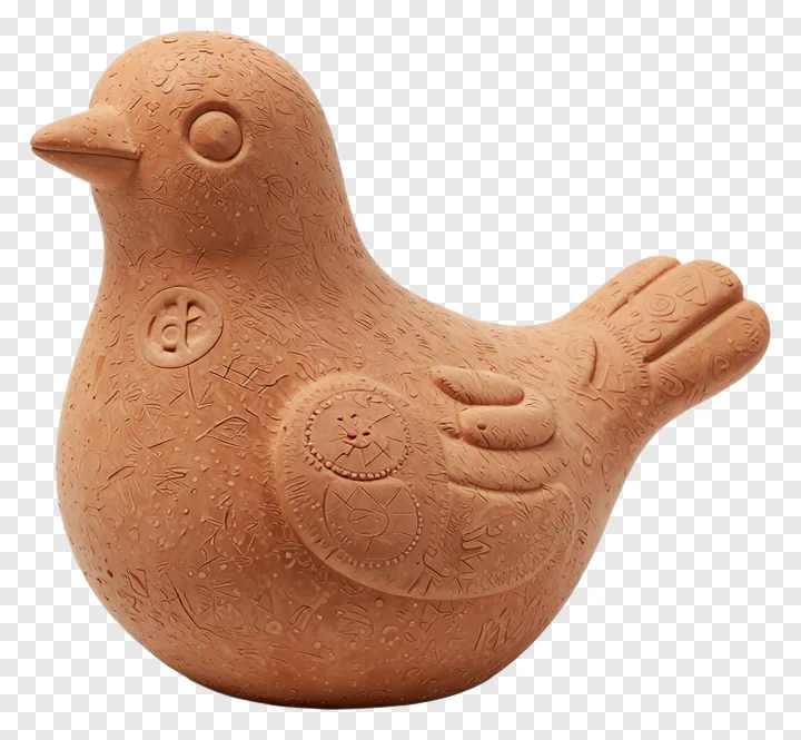 A terracotta bird figurine with decorative carvings.