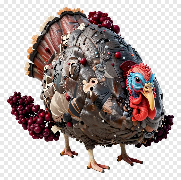 Stylized turkey decorated with cranberries.