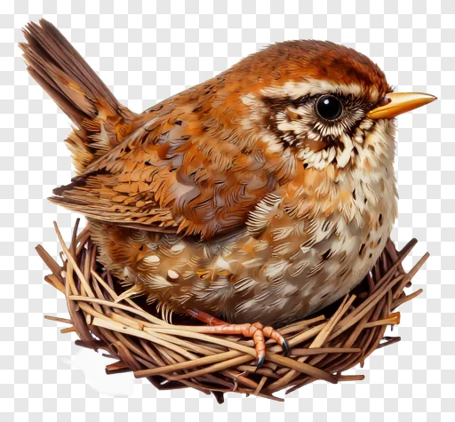A wren bird sitting in a nest made of twigs.
