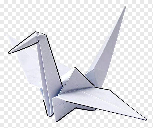 A white paper crane with a bow.