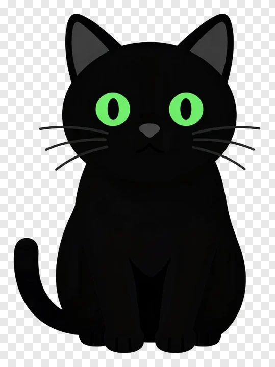 A black cat with green eyes sitting upright.