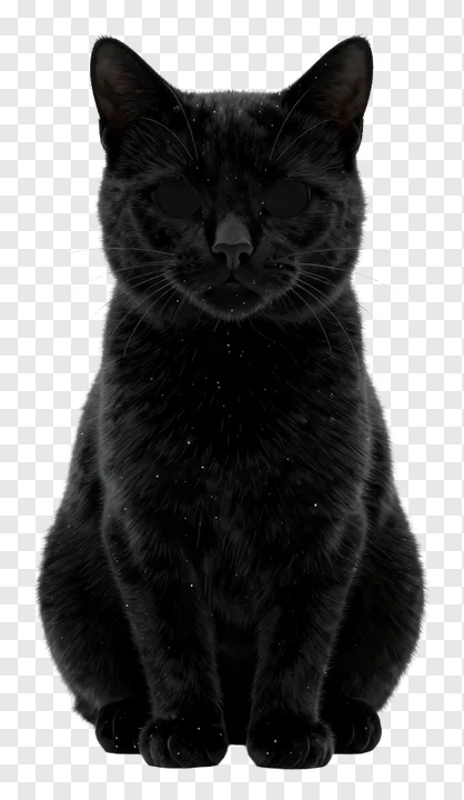 A black cat with star-like speckles on its fur, sitting upright.